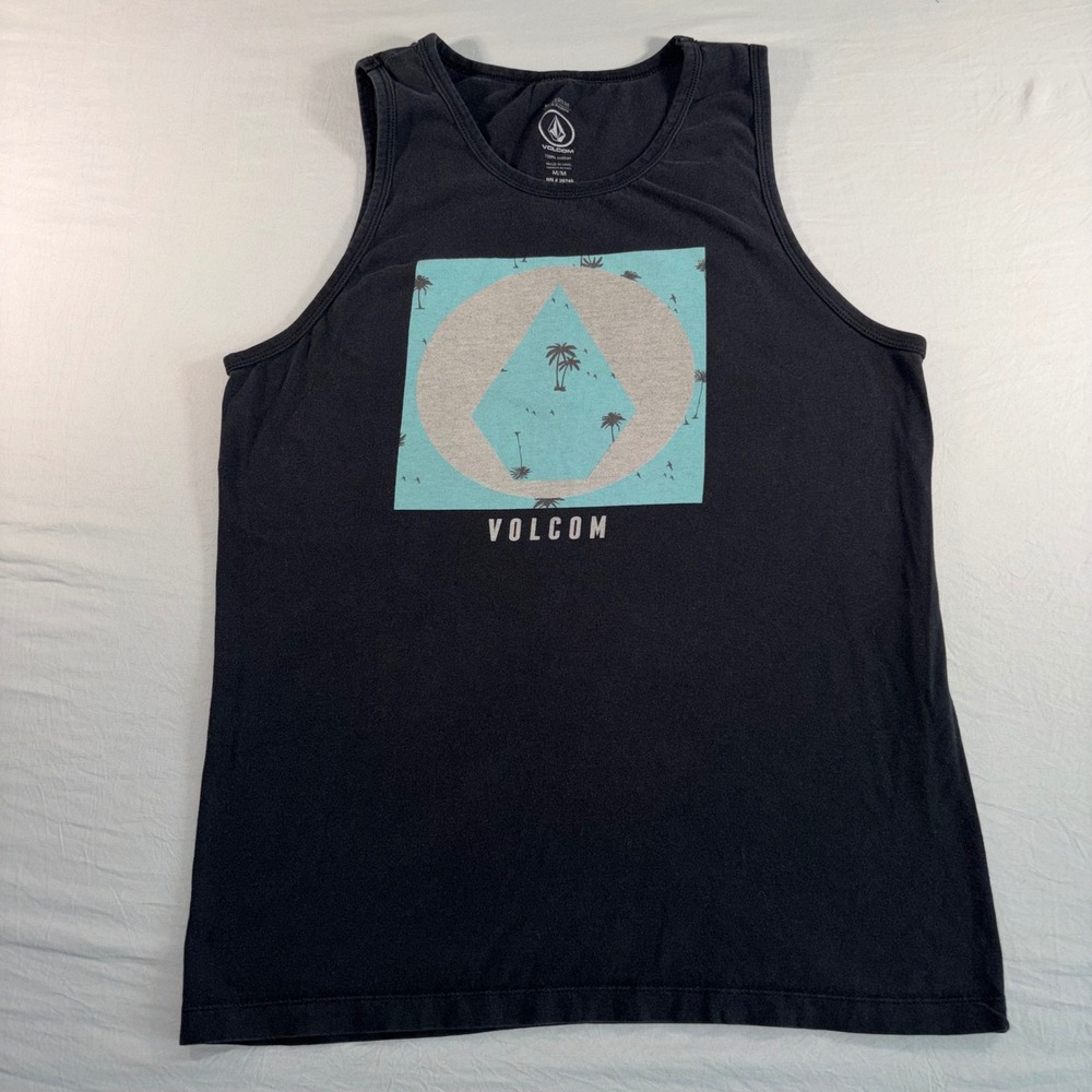 Volcom Mens Modern Fit Graphic Tank Top Black Palm Tree Logo Medium
